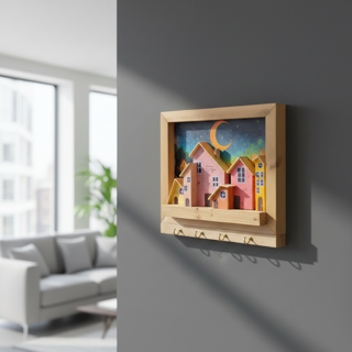 جاکلیدی و تابلو دیواری چوبی دست‌ساز مدل دهکده شاد