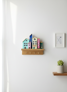 جاکلیدی دیواری چوبی پاستیلی مدل دهکده رنگارنگ