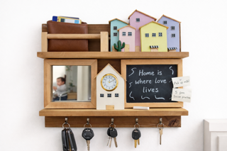 جاکلیدی دیواری چوبی چندکاره با آینه، ساعت، تخته یادداشت و جا کیف پول