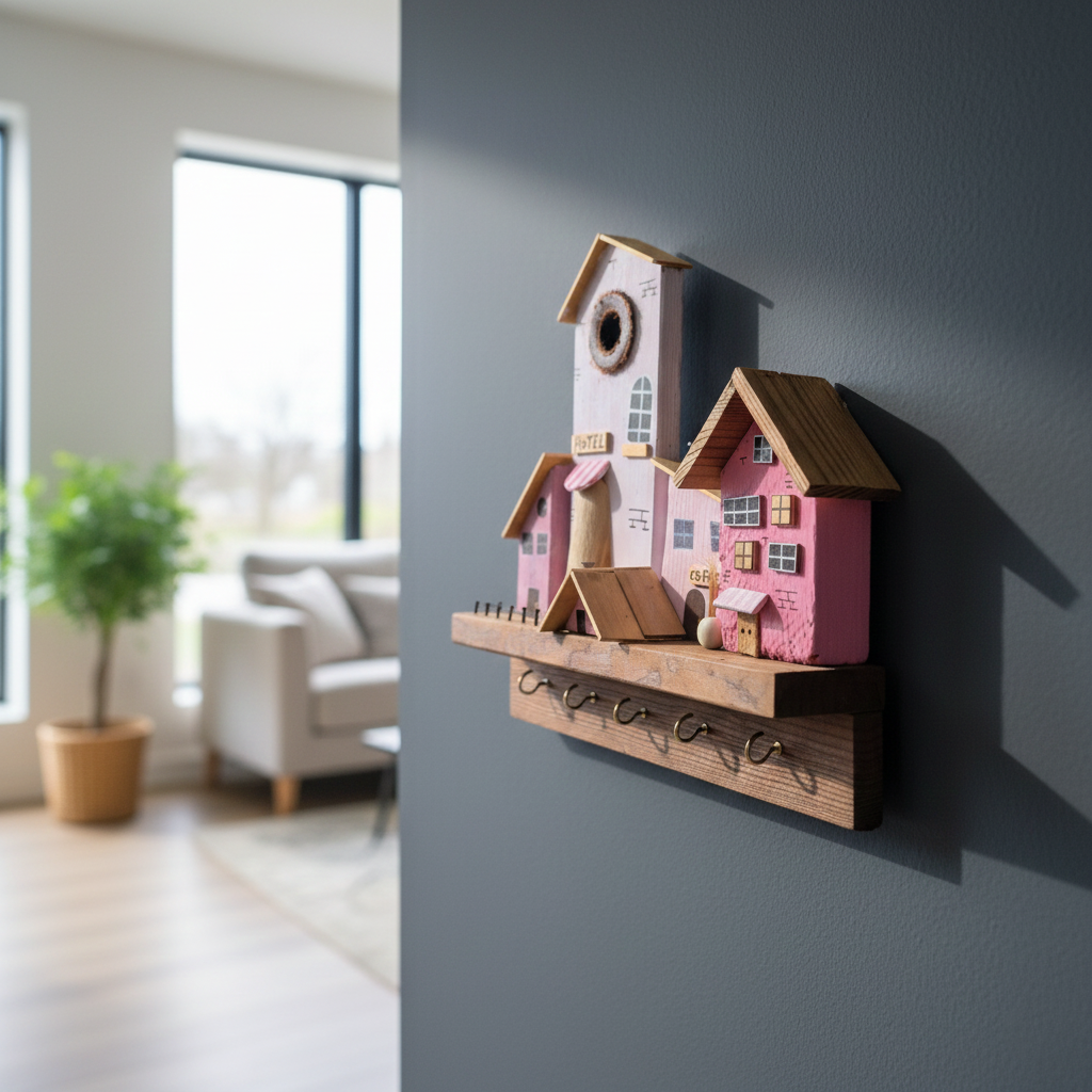 جاکلیدی دیواری چوبی دست‌ساز صورتی مدل رزچوب