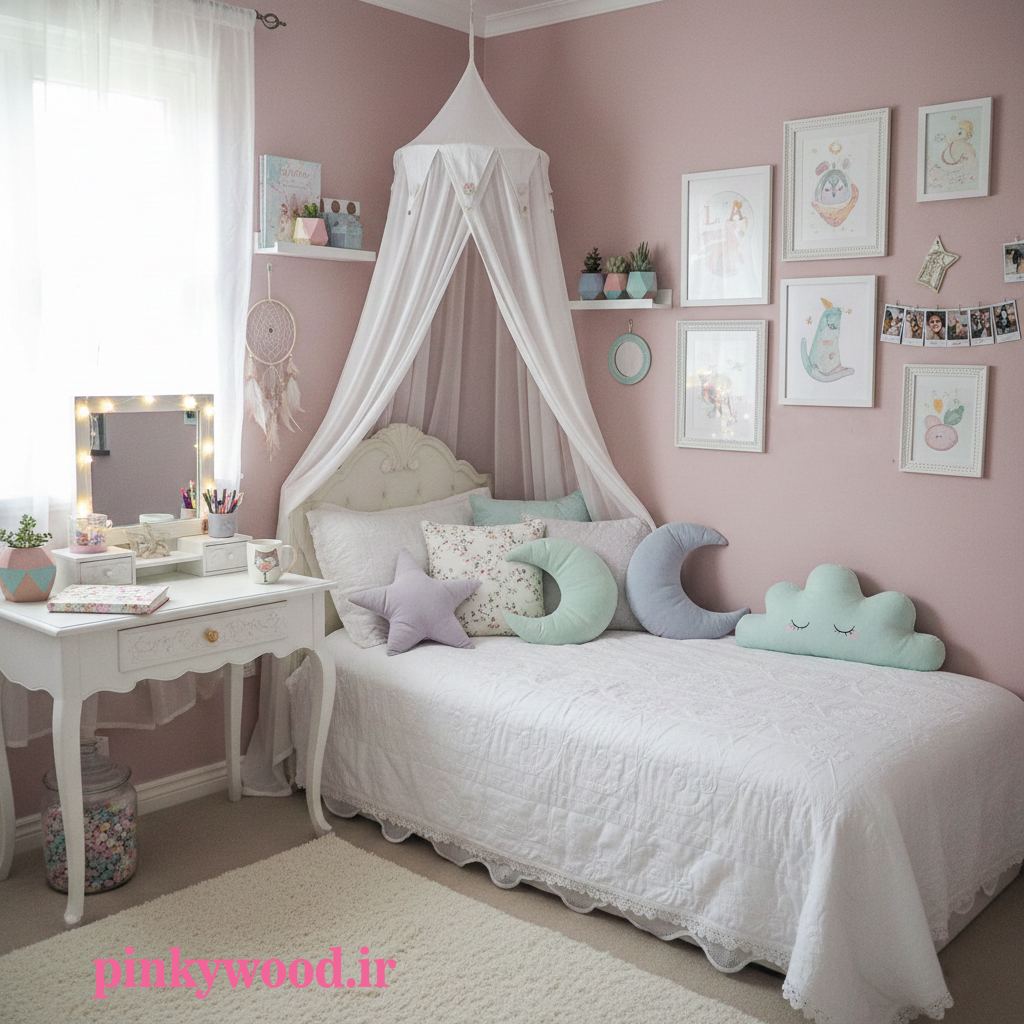 دکوراسیون اتاق خواب دخترانه شیک و مدرن، طراحی داخلی با رنگ صورتی 