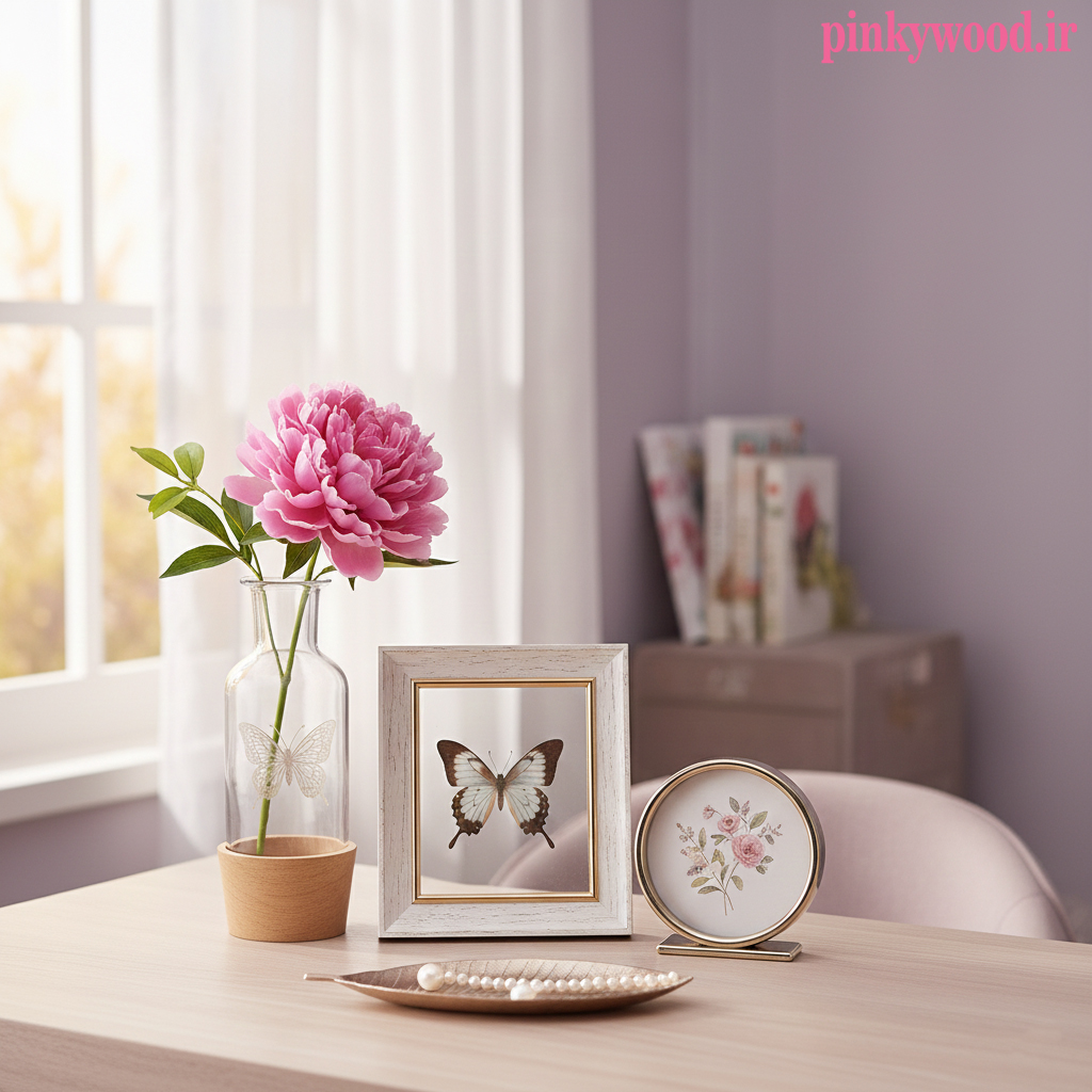 گلدان شیشه‌ای با پایه چوبی دایره‌ای و قاب رومیزی فانتزی طرح پروانه، مناسب میز مطالعه و پاتختی اتاق دخترانه