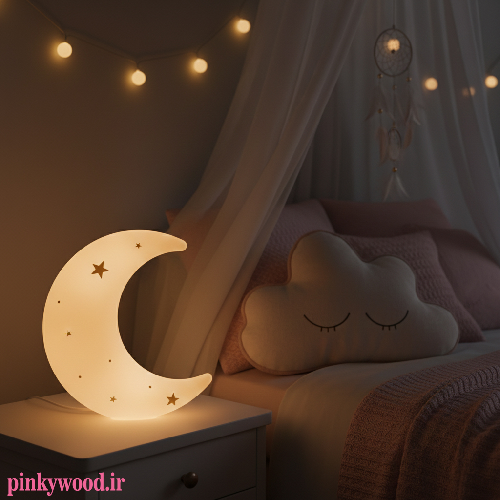 چراغ شب فانتزی مدل ماه و ستاره؛ لامپ رومیزی آرامش‌بخش اتاق خواب دخترانه