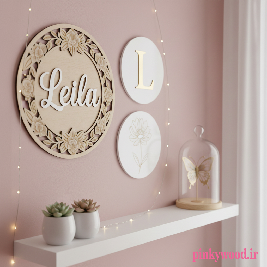 تابلو اسم سفارشی، دکوری اسم چوبی، آویز دیواری حرف اول اسم، دکوری پلکسی، هدیه شخصی‌سازی شده اتاق کودک، نقوش گلدار فانتزی